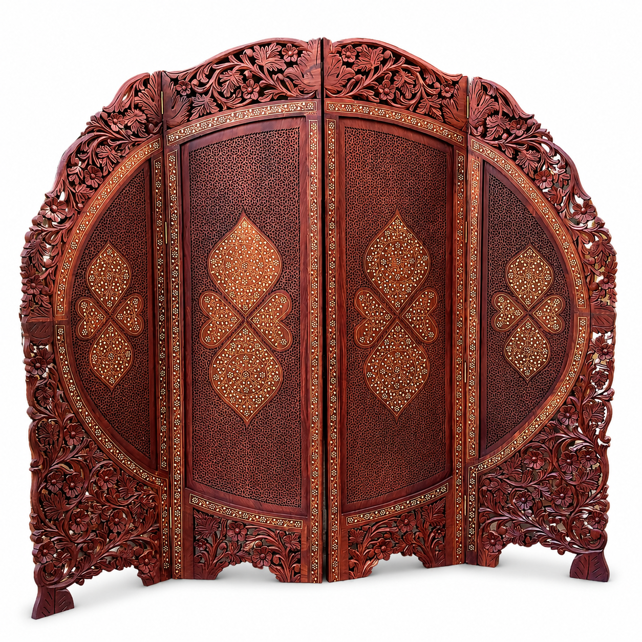 Mughal Floral Carved Inlay Room Divider Screen — 4 Panel Sheesham Wood