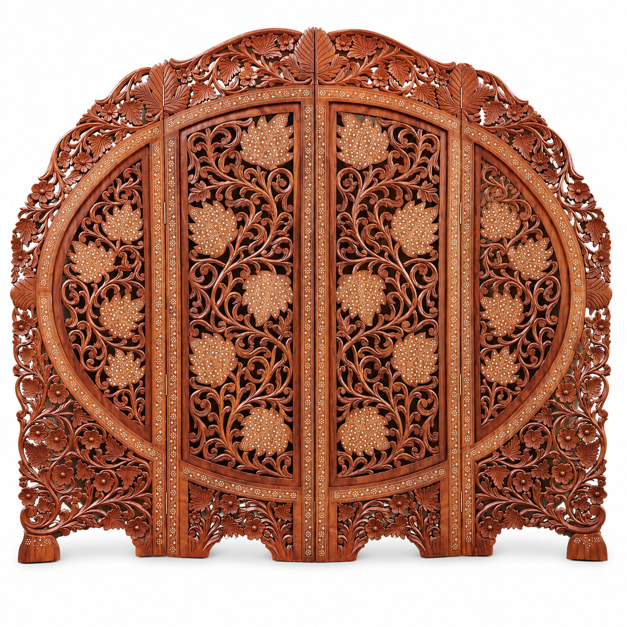 Mughal Floral Carved Inlay Room Divider Screen — 4 Panel Sheesham Wood