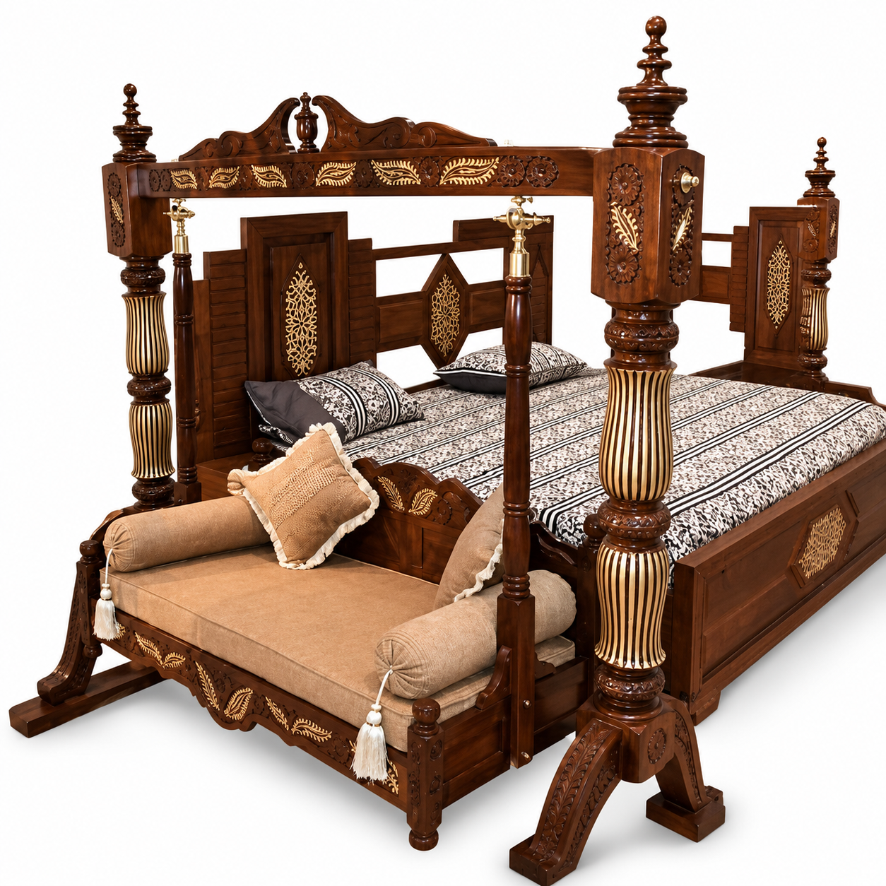 Mughal Royal Canopy Four Poster Bed with Swing Daybed — Handcrafted Sheesham Wood
