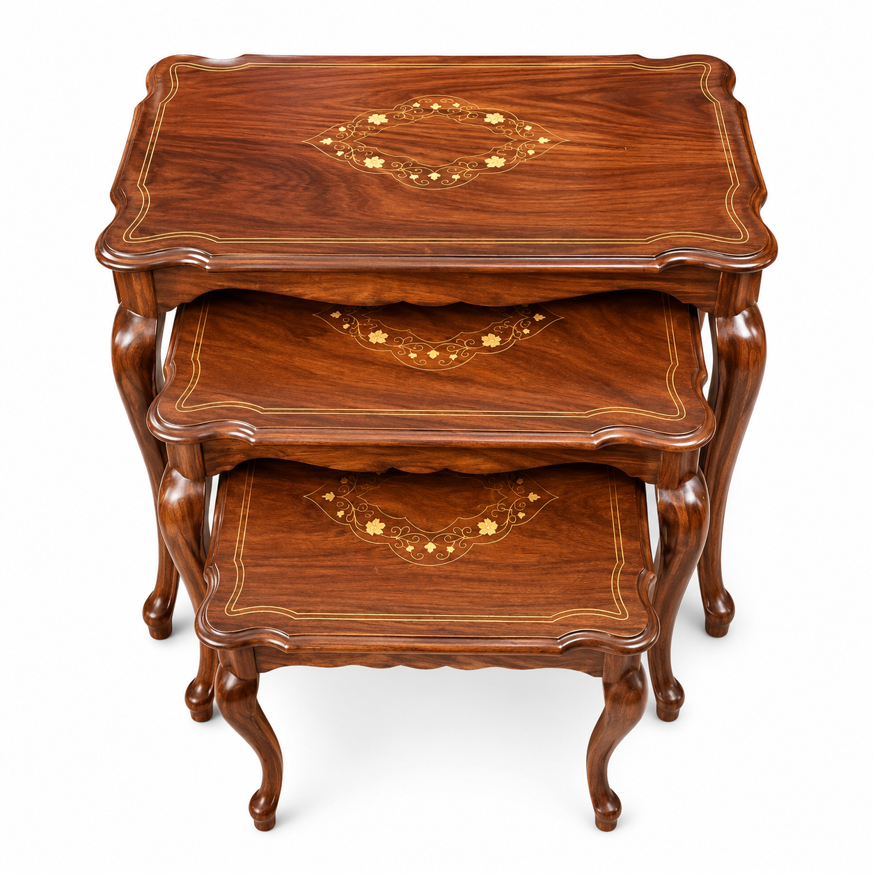 Mughal Floral Inlay Nesting Tables Set of 3 — Handcrafted Sheesham Wood