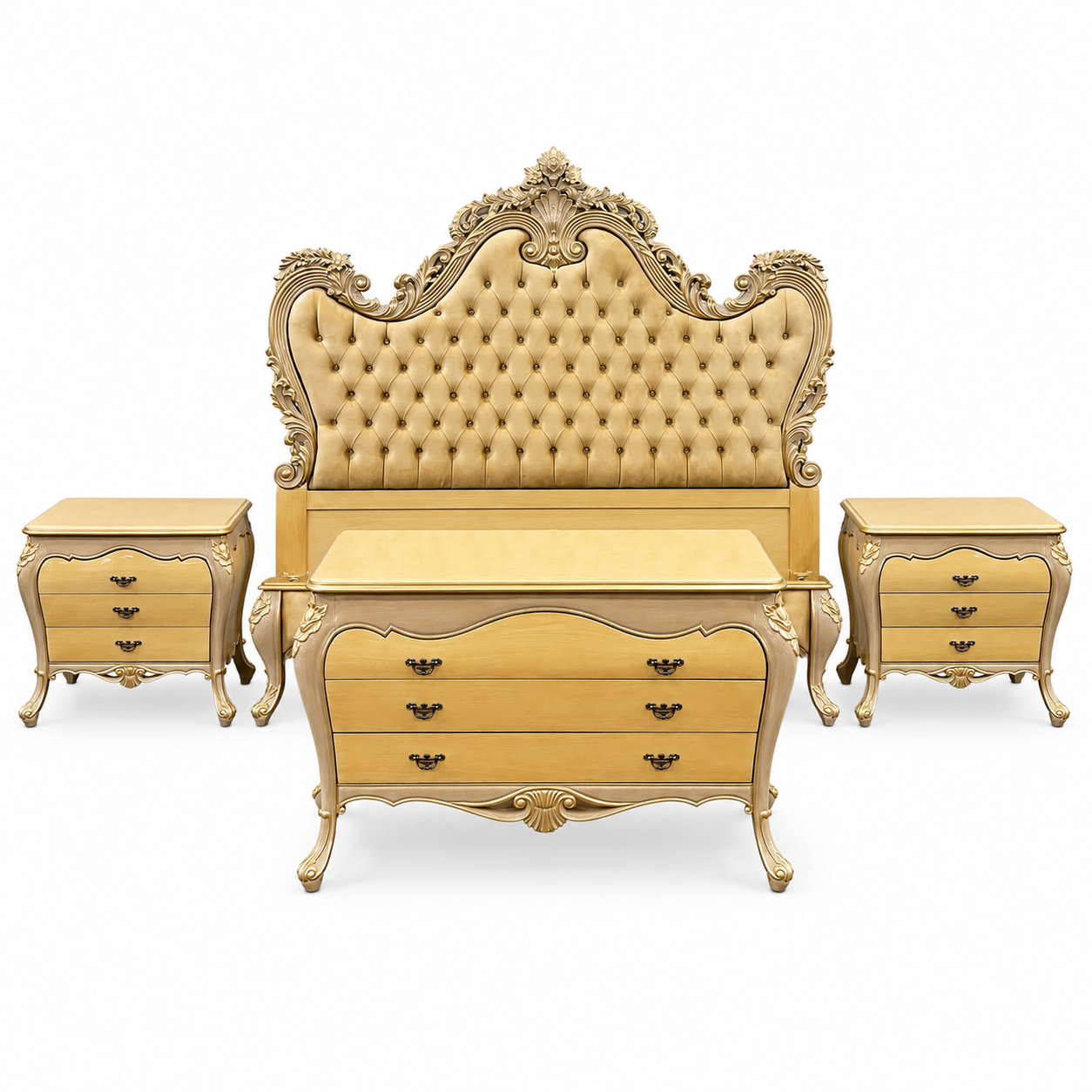 Royal Baroque Gold Bedroom Set — Tufted Bed, Dressing Drawers & 2 Side Tables