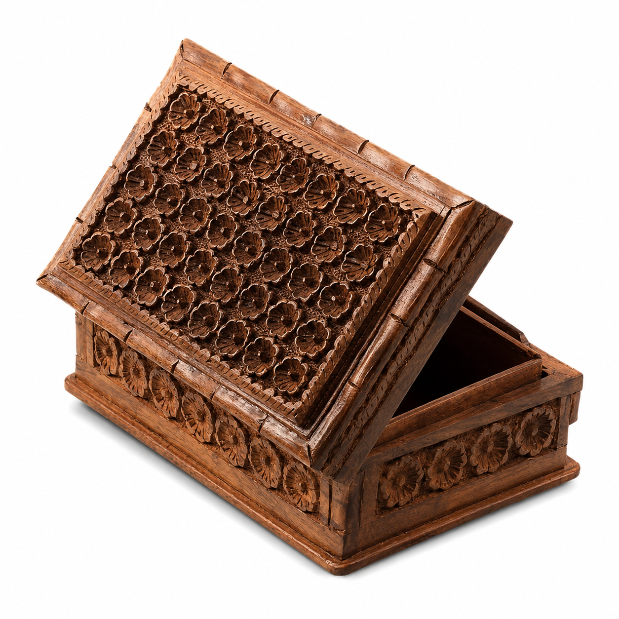 Floral Carved Wooden Jewellery Box / Mini Sandook — Handcrafted Sheesham Wood