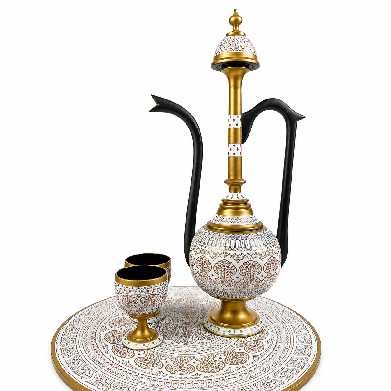 Mughal Enamel Gold Surahi Decor Set — Handcrafted Brass with Tray & 2 Goblets