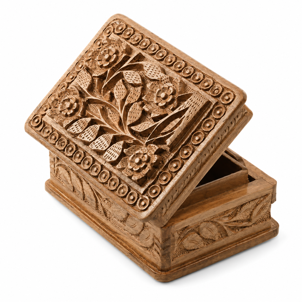Floral Vine Carved Wooden Jewellery Box — Handcrafted Sheesham Wood