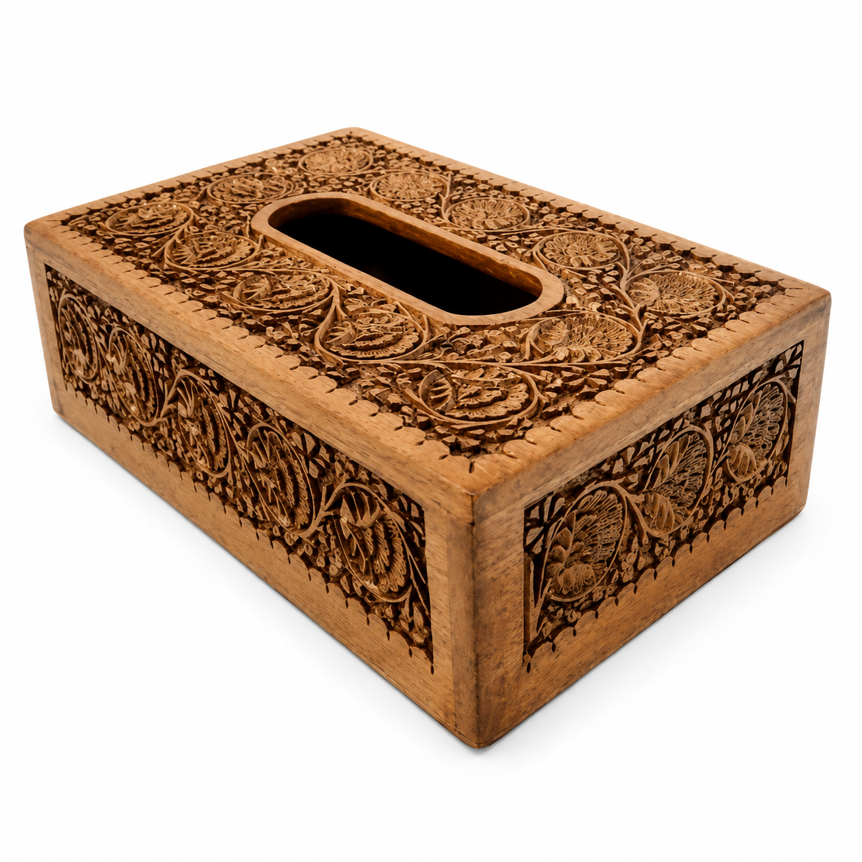 Floral Medallion Carved Wooden Tissue Box Cover — Handcrafted Sheesham Wood