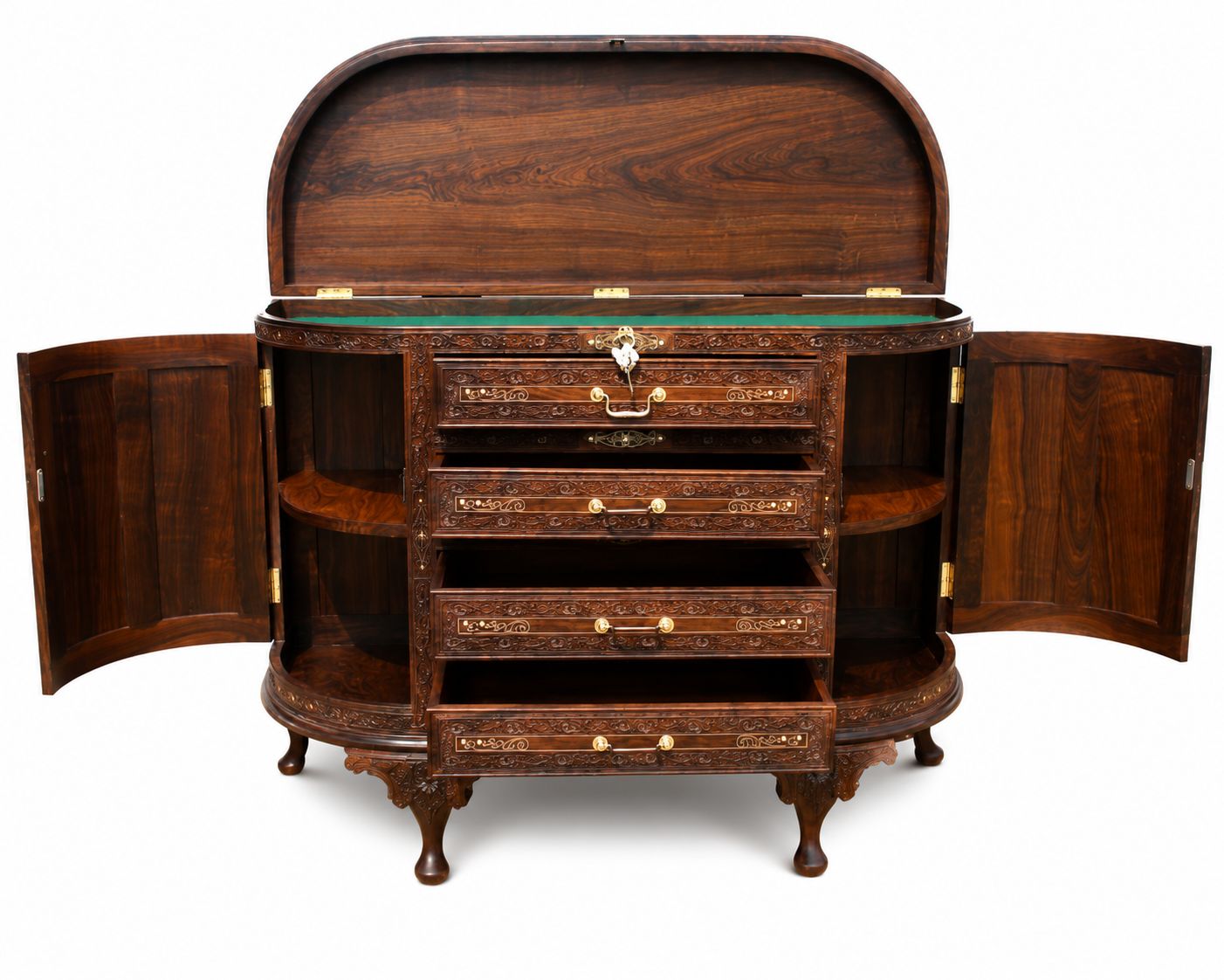 Mughal Carved Wooden Cabinet with Domed Lid, Drawers & Side Doors — Handcrafted Sheesham Wood