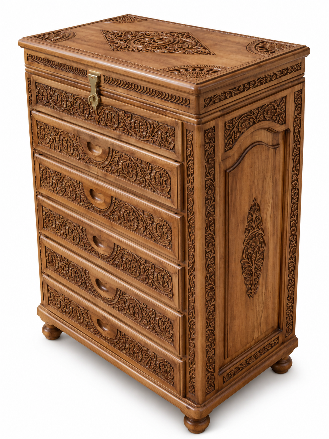 Mughal Floral Carved Chest of Drawers with Lid — Handcrafted Sheesham Wood