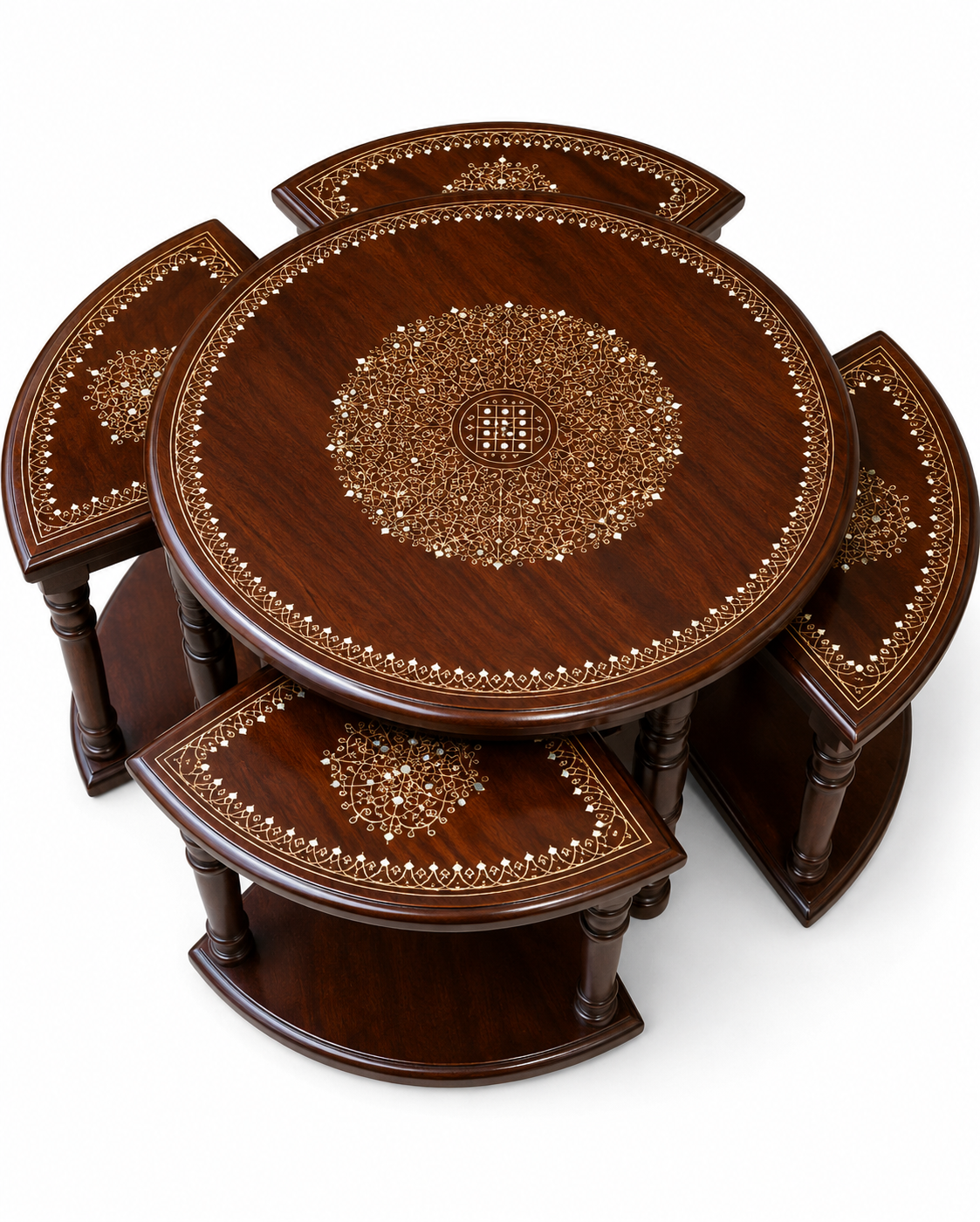 Mughal Mandala Inlay Round Coffee Table with 4 Stools Set