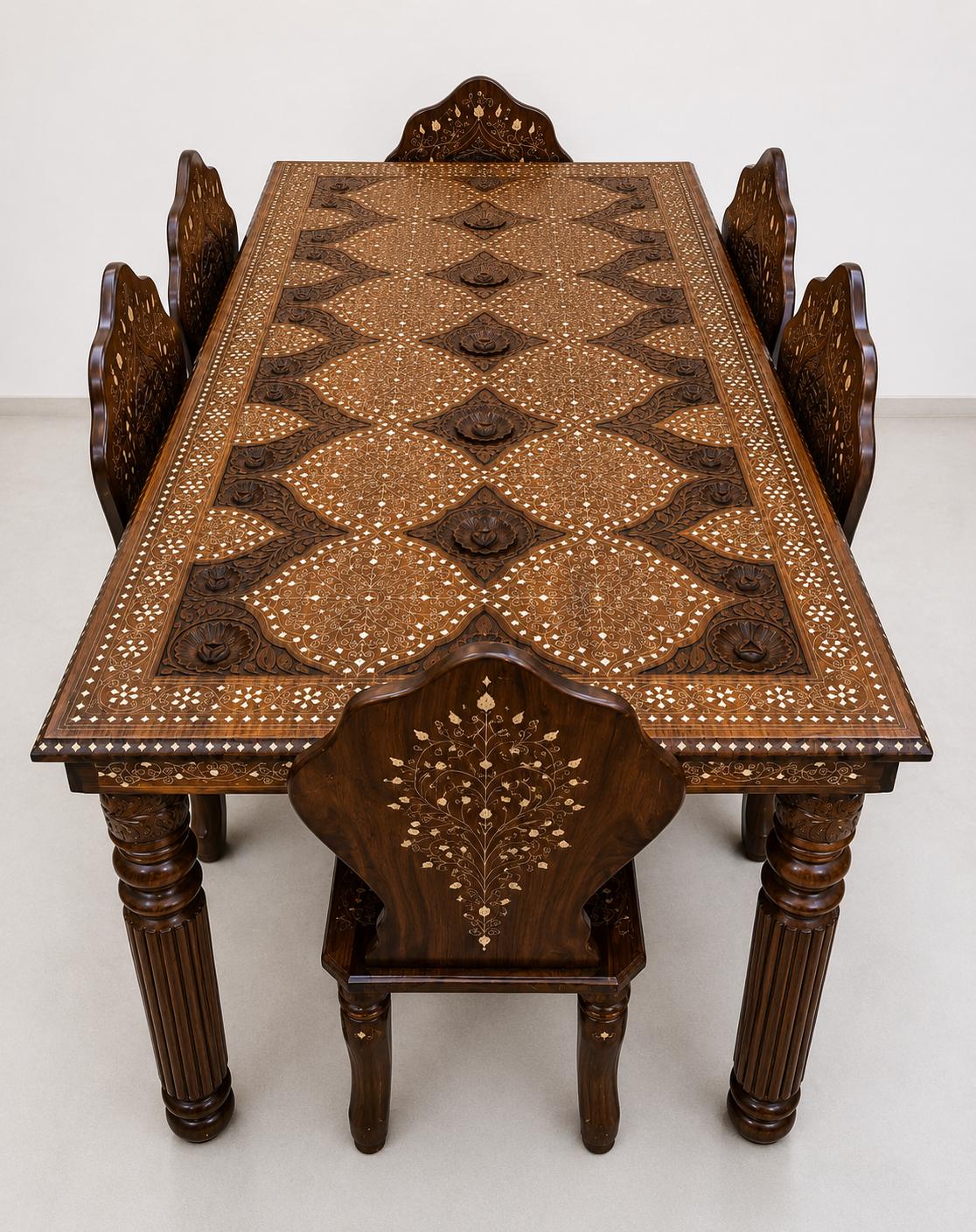 Mughal Diamond Inlay Foldable Dining Table with 6 Chairs Set