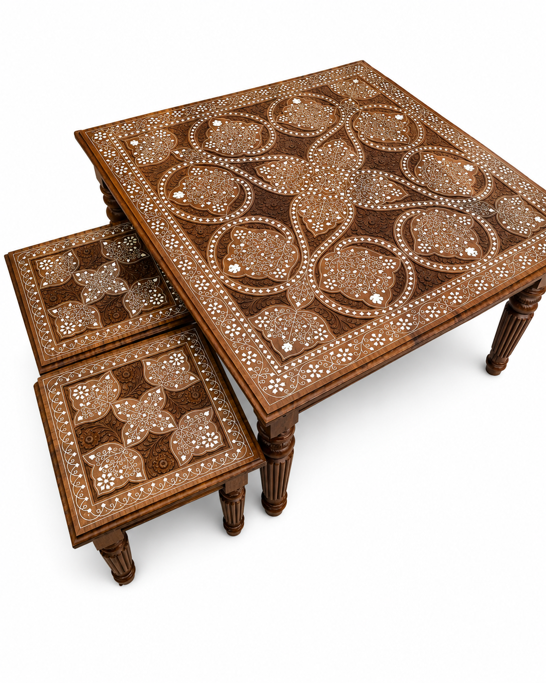 Mughal Paisley Inlay Center Table with 4 Stools Set