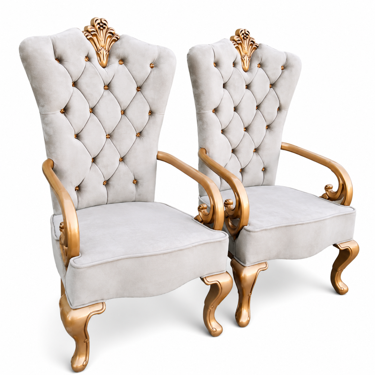 Royal Crown Tufted High Back Armchair Set of 2  Handcrafted Sheesham Wood with Velvet Upholstery
