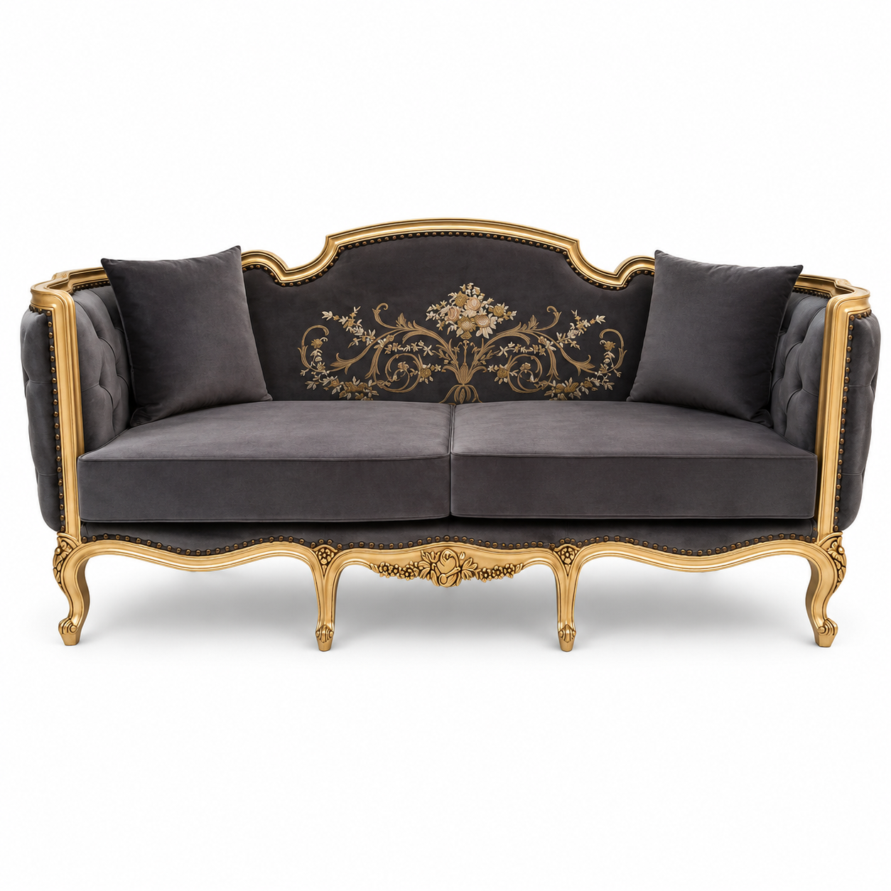 Baroque Gold Floral Embroidered 3 Seater Sofa  Handcrafted Sheesham Wood with Velvet Upholstery