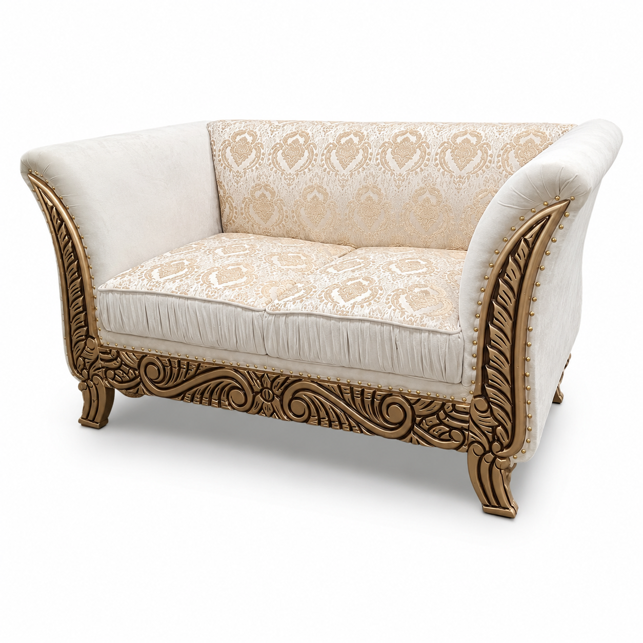 Baroque Damask Gold Carved 2 Seater Loveseat Sofa Handcrafted Sheesham Wood