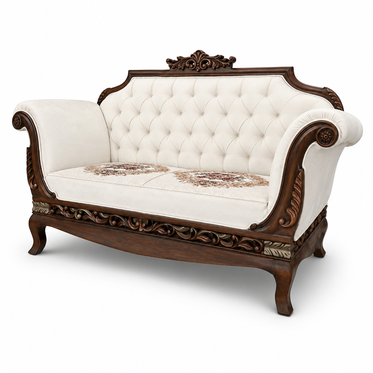 Mughal Crown Carved Tufted 2 Seater Sofa Handcrafted Sheesham Wood with Velvet Upholstery