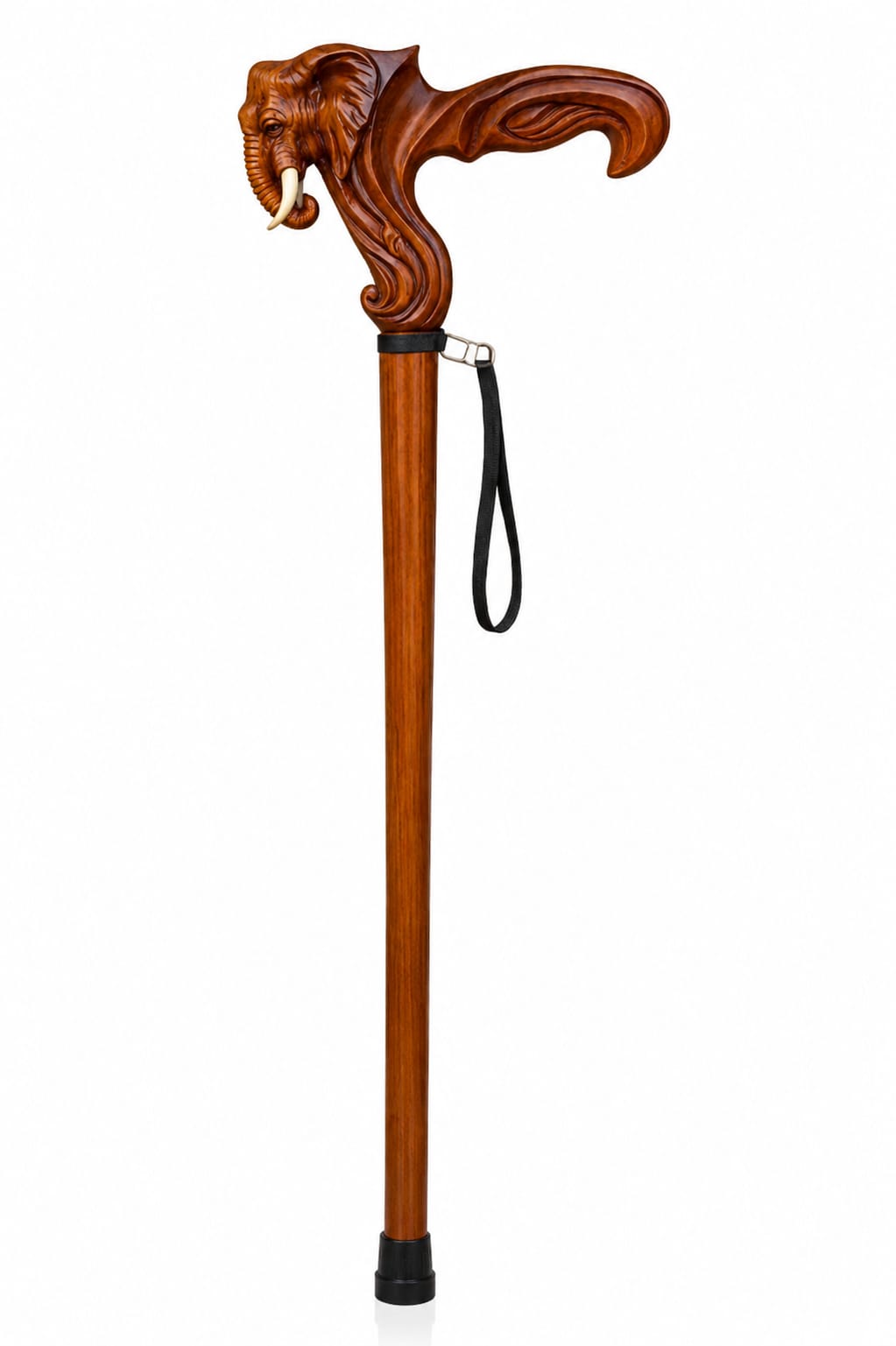Hand-Carved Wooden Walking Cane with Elephant Head Handle