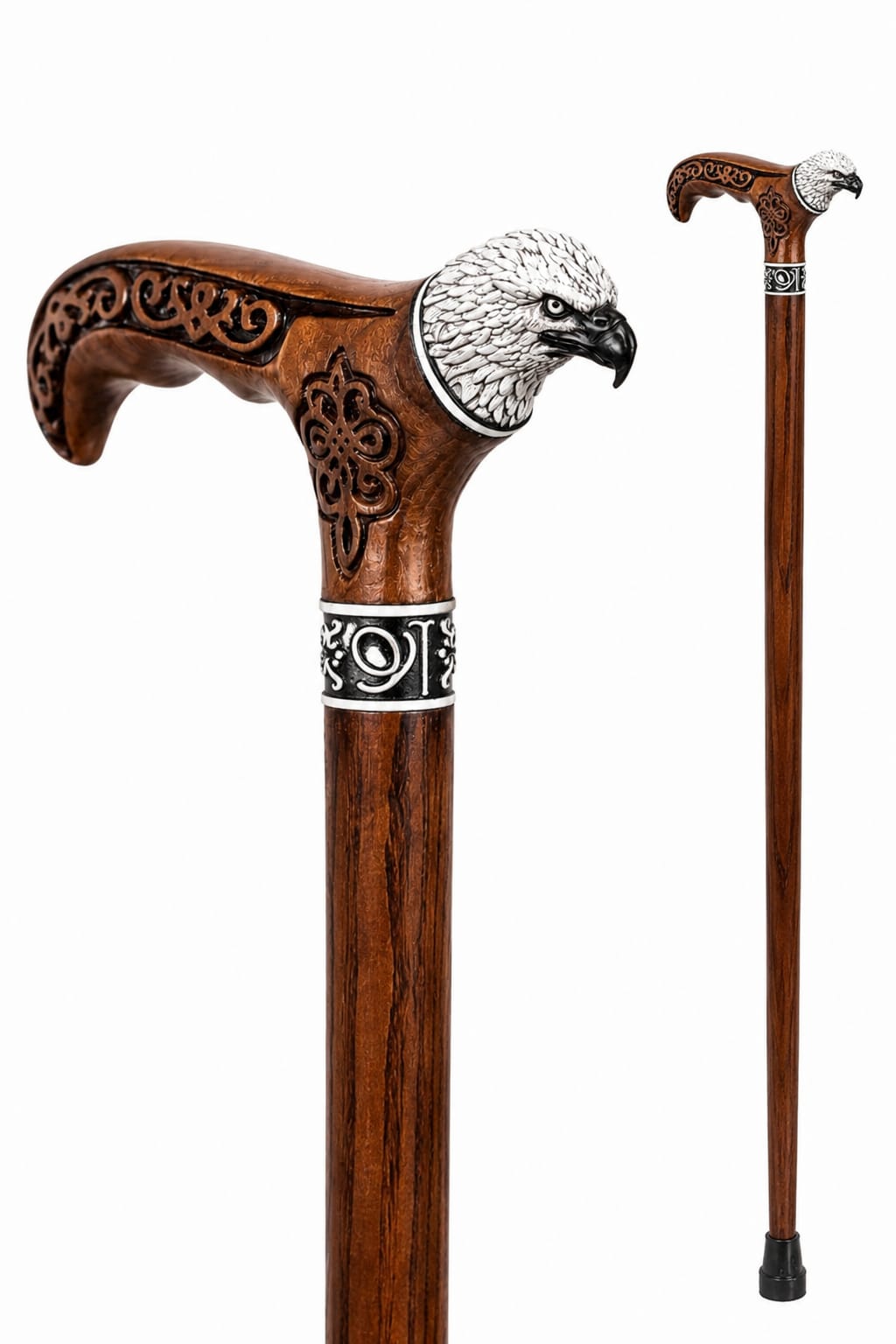 Hand-Carved Wooden Walking Cane with Painted Bald Eagle Head Handle