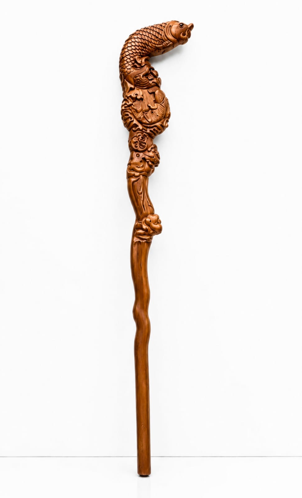 Hand-Carved Wooden Walking Staff with Koi Fish Handle