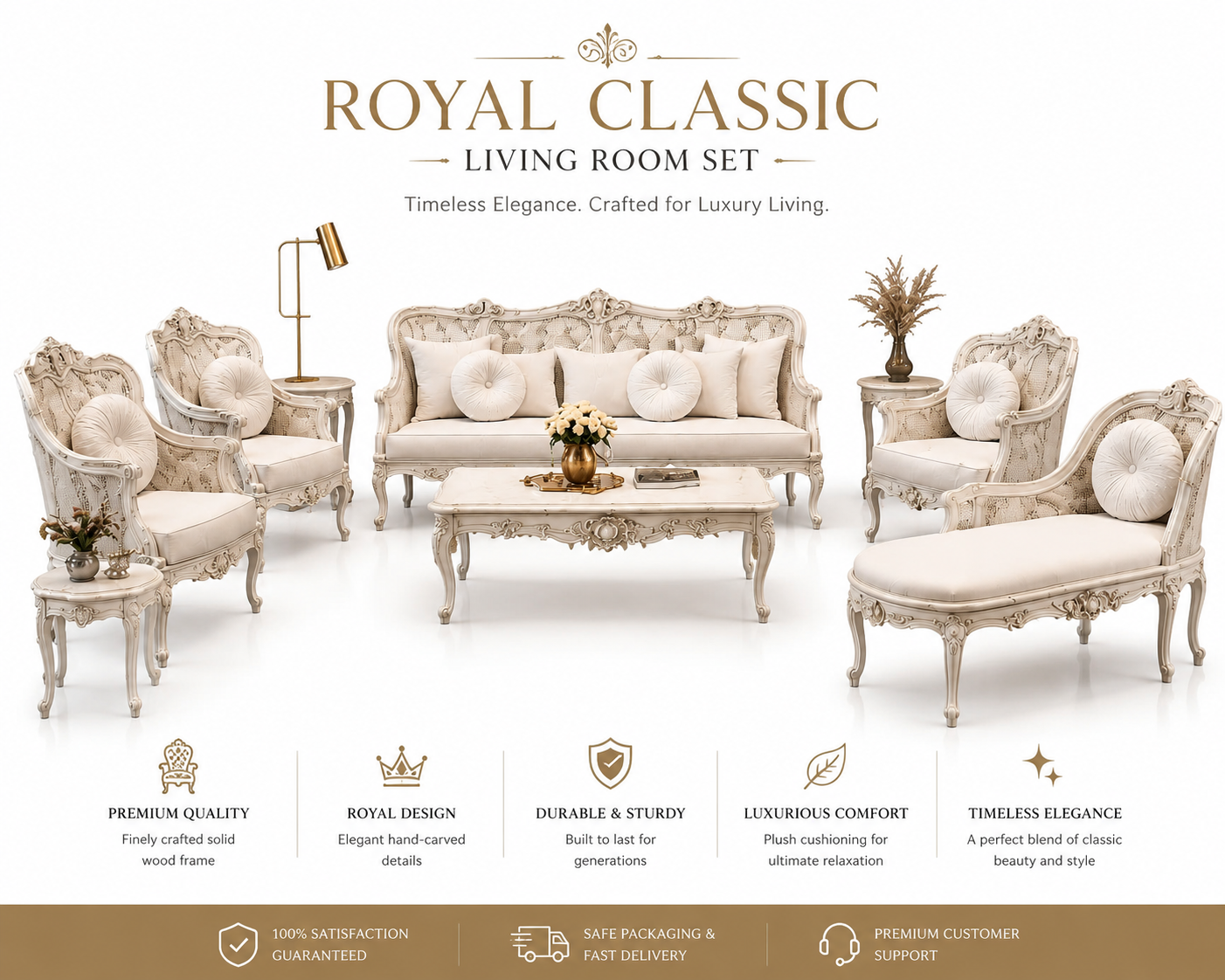 Royal Classic Living Room Set – 7-Piece Hand-Carved Sofa Collection