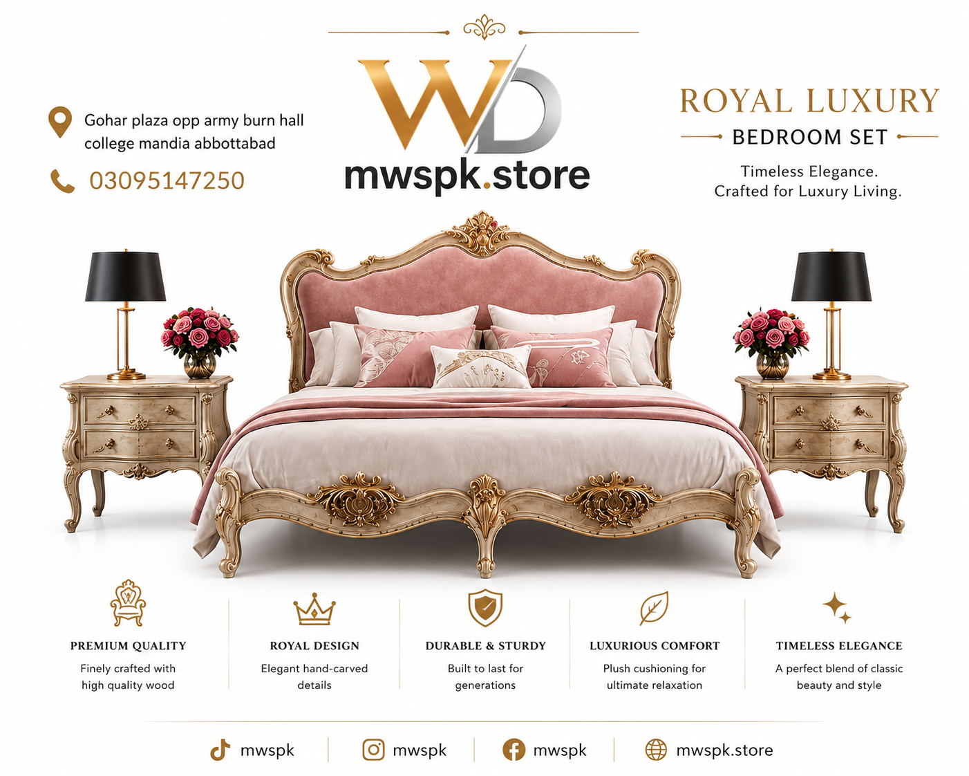 Royal Luxury Bedroom Set – Hand-Carved King Bed with Side Tables