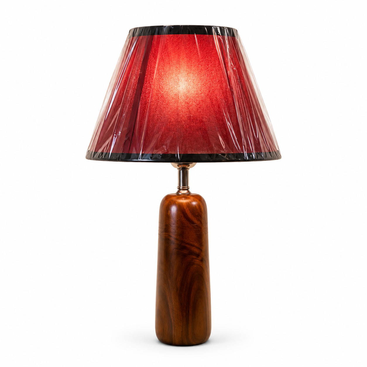 Solid Wood Cylinder Table Lamp with Red Pleated Shade