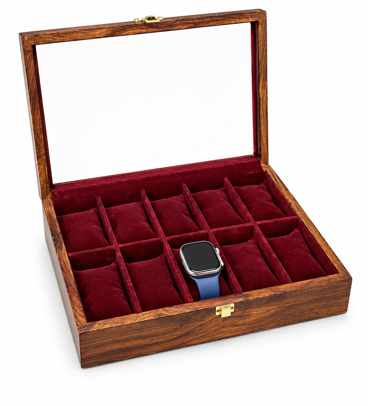 Wooden 10-Slot Watch Box with Glass Lid – Red Velvet Interior