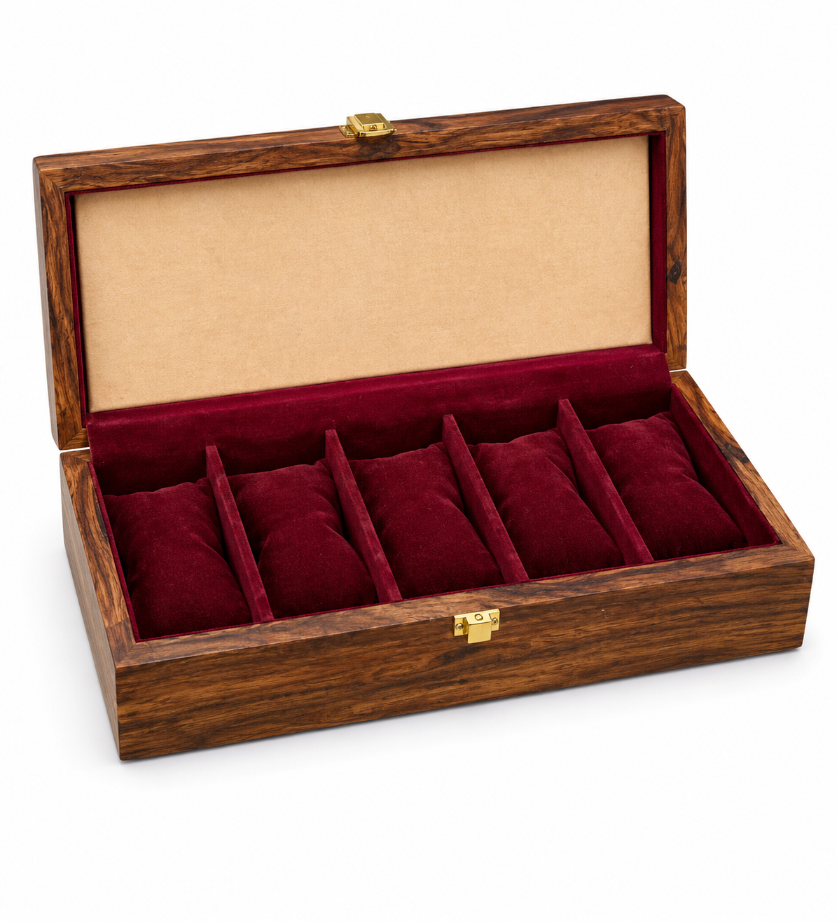 Wooden 5-Slot Watch Box with Red Velvet Interior