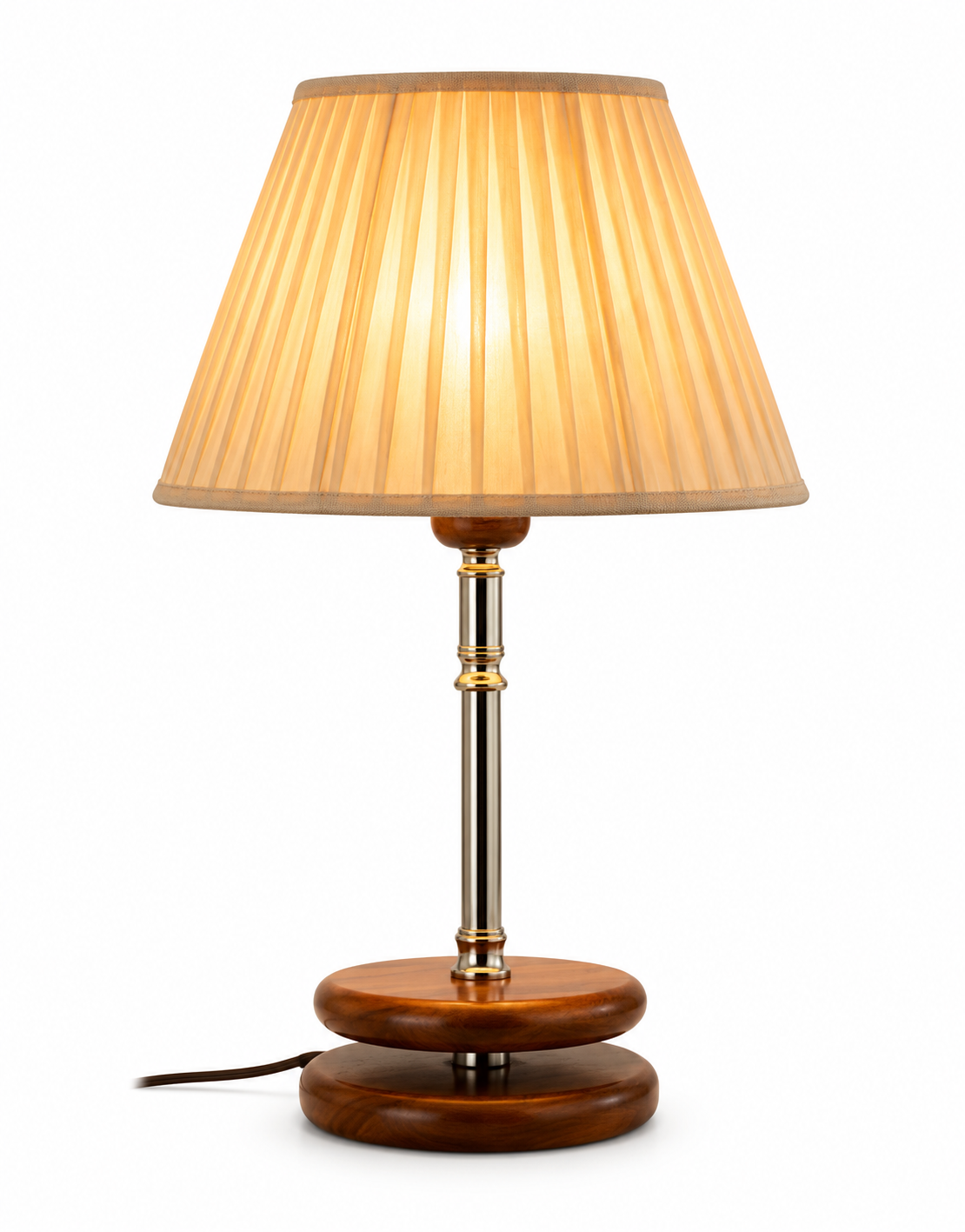 Wooden Base Table Lamp with Pleated Fabric Shade