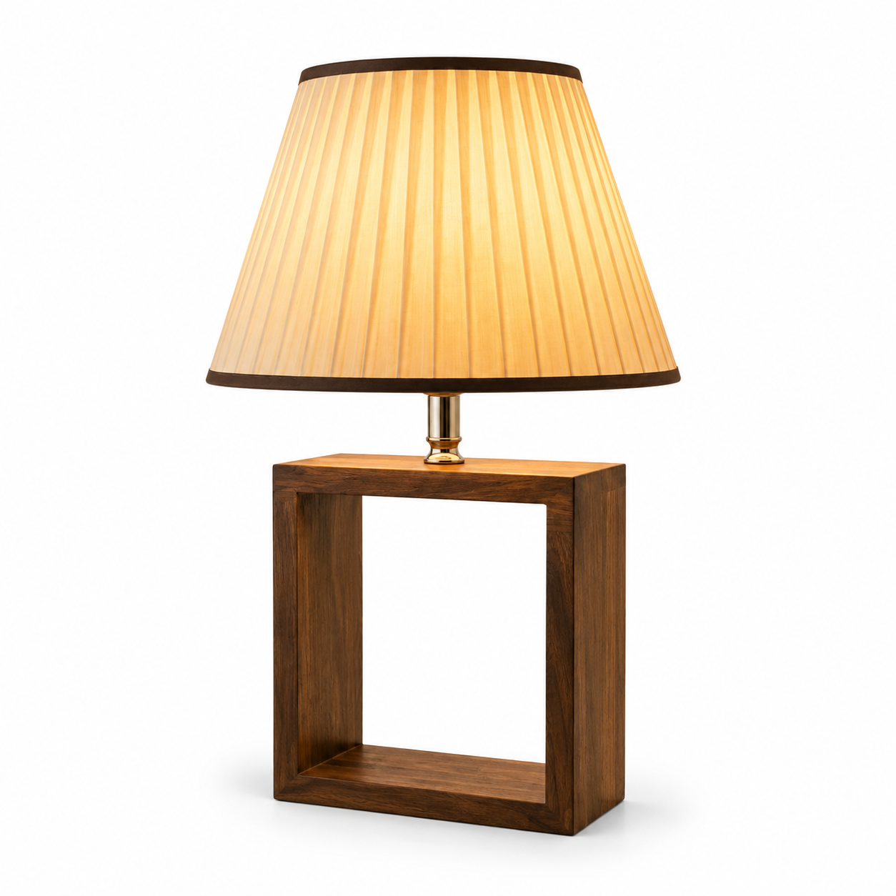 Wooden Open-Frame Square Table Lamp with Pleated Shade